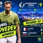 Image &agrave; la une de Daniil Medvedev, vainqueur du match des huiti&egrave;mes de finale contre Valentin Royer au Hangzhou Open 2026, avec le score final de 7-6, 6-3 affich&eacute;.