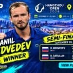 Imagen destacada de Daniil Medvedev, ganador del partido de semifinales contra Roman Safiullin en el Hangzhou Open 2026, mostrando el resultado final de 7-5, 6-4.