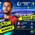 Featured image of Hugo Gaston, winner of the Round of 16 match against Jaime Faria at the Hangzhou Open 2026, showing the final 4-6, 7-6, 6-4 scoreline.