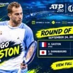 Istaknuta slika Iga Gastona koji slavi pobedu u &scaron;esnaestini finala protiv S. &Scaron;imabukura na turniru Hangzhou Open 2026, uz prikazan rezultat 6:4, 6:4.