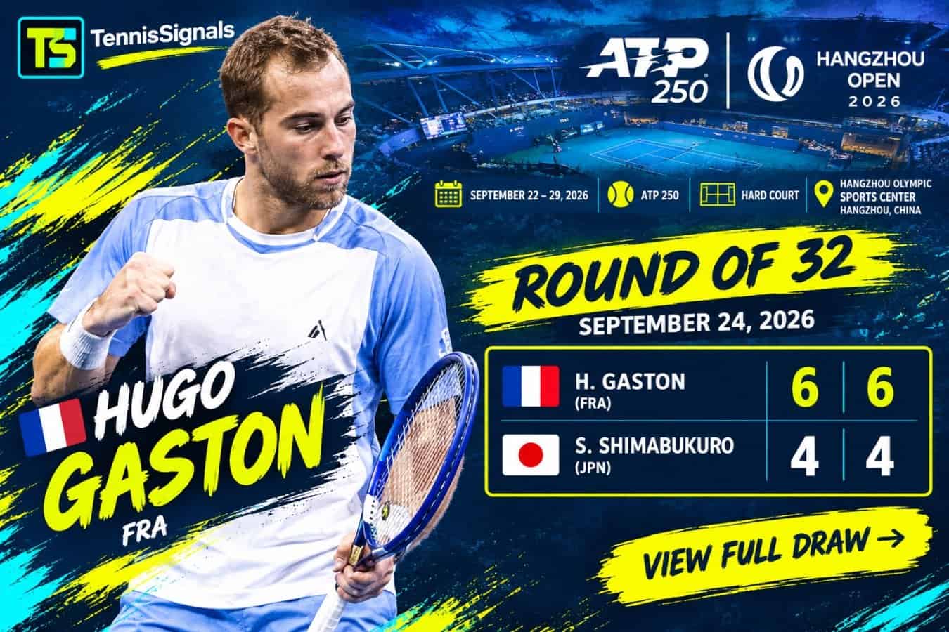 Imagen destacada de Hugo Gaston celebrando su victoria en los dieciseisavos de final contra S. Shimabukuro en el Hangzhou Open 2026, mostrando el resultado final de 6-4, 6-4.