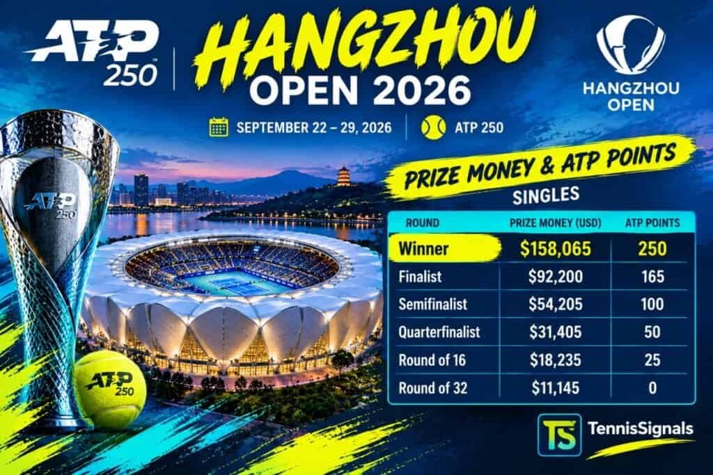 Image &agrave; la une montrant la r&eacute;partition de la dotation et des points ATP en simple pour le Hangzhou Open 2026, avec le troph&eacute;e ATP 250 et le stade.