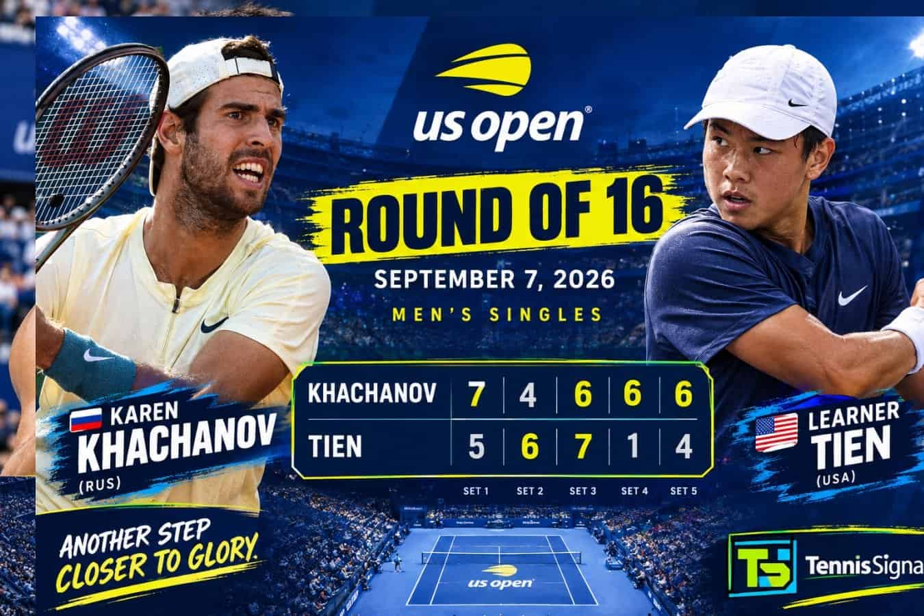 Karen Khachanov s'impose au bout du suspense en cinq sets face à Learner Tien à l'US Open 2026.