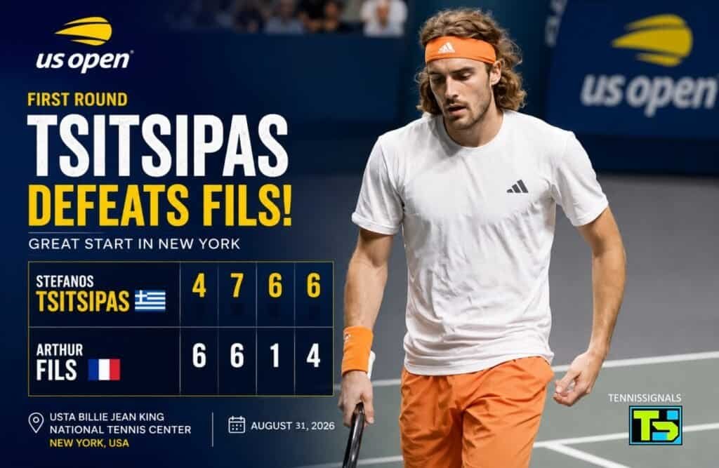 Gráfico de la victoria en cuatro sets de Stefanos Tsitsipas sobre Arthur Fils en la primera ronda del US Open 2026 con el marcador oficial.