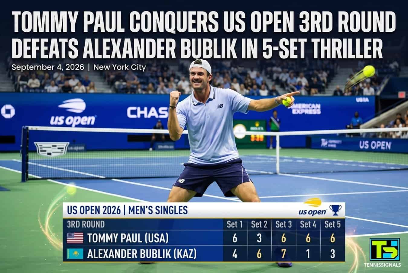 Tommy Paul célèbre sa victoire au terme d'un match marathon en cinq sets contre Alexander Bublik au 3e tour de l'US Open 2026.