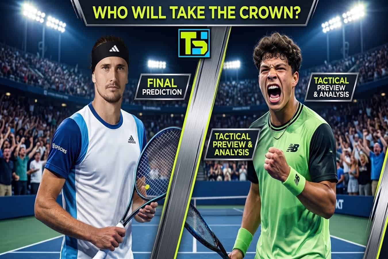 Promotional graphic for the US Open 2026 final prediction featuring a calm Alexander Zverev and an energetic Ben Shelton facing off.
