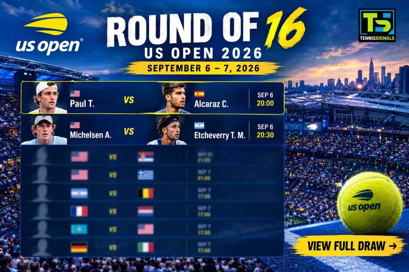 Programme officiel des huitièmes de finale du simple messieurs à l'US Open 2026.
