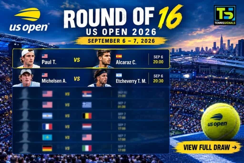 Official schedule and match lineup for the Round of 16 at the 2026 US Open tennis tournament.