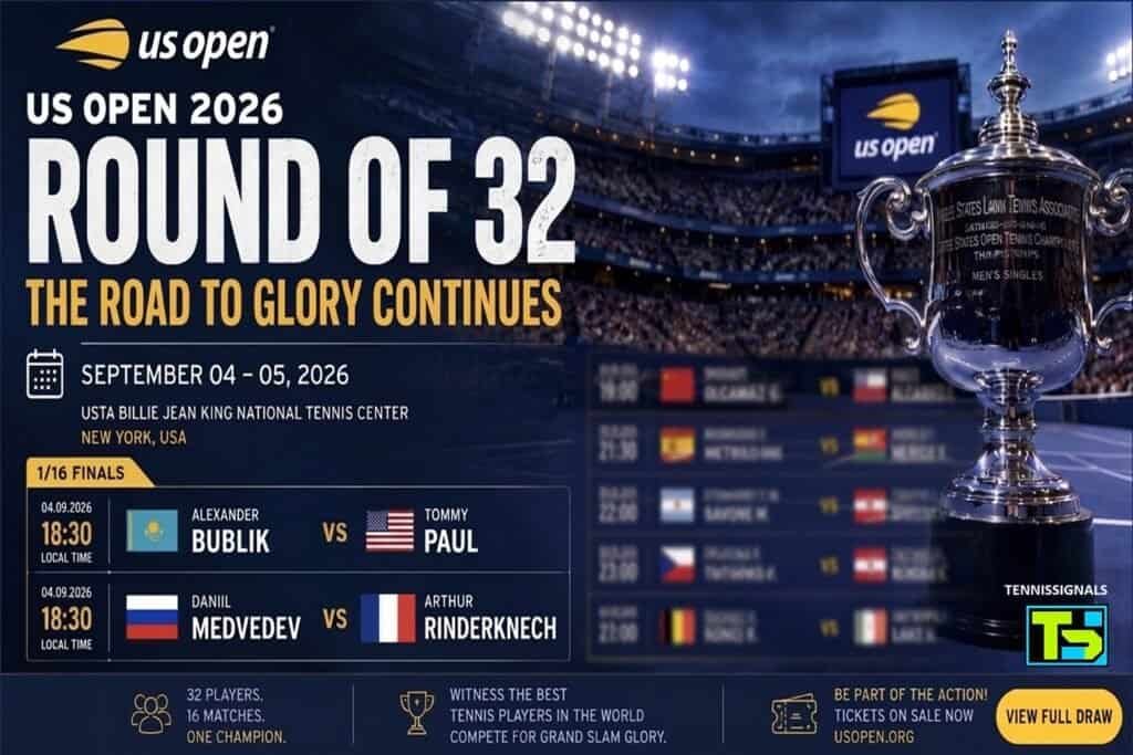 Grafika koja prikazuje raspored 3. kola US Opena 2026, uključujući mečeve Bublik - Pol i Medvedev - Rinderkneš.