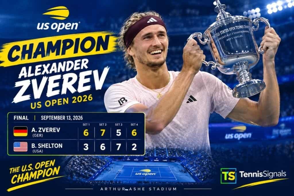Winning graphic of Alexander Zverev holding the trophy with the final score of the 2026 US Open final against Ben Shelton.