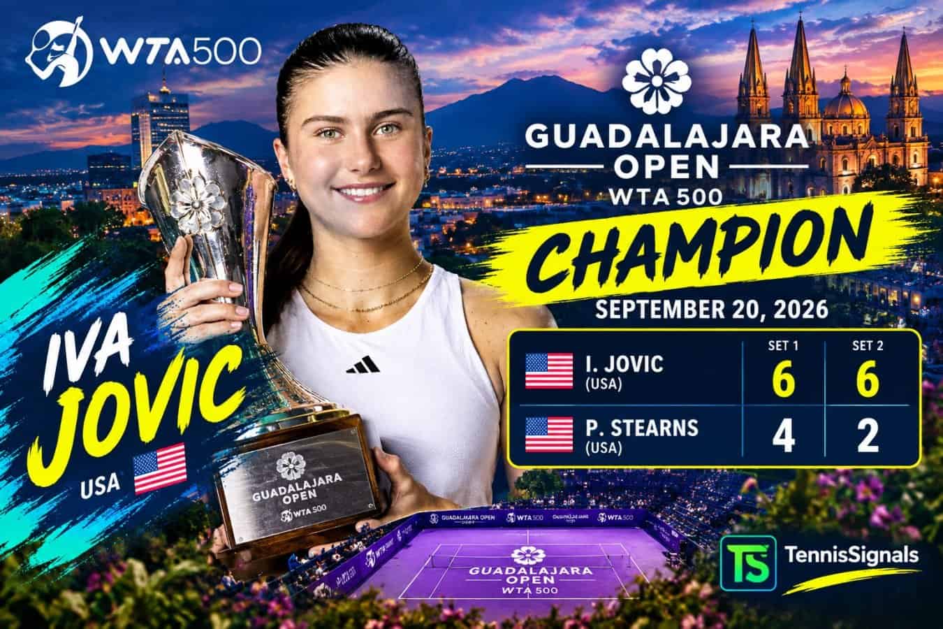 Iva Jovic holds the championship trophy after defeating Peyton Stearns in the WTA 500 Guadalajara Open 2026 final