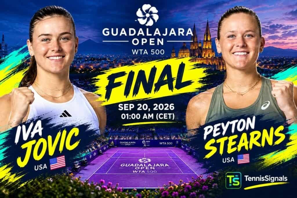 Gr&aacute;fico promocional de la final del WTA 500 Guadalajara Open 2026 entre las tenistas estadounidenses Iva Jovic y Peyton Stearns