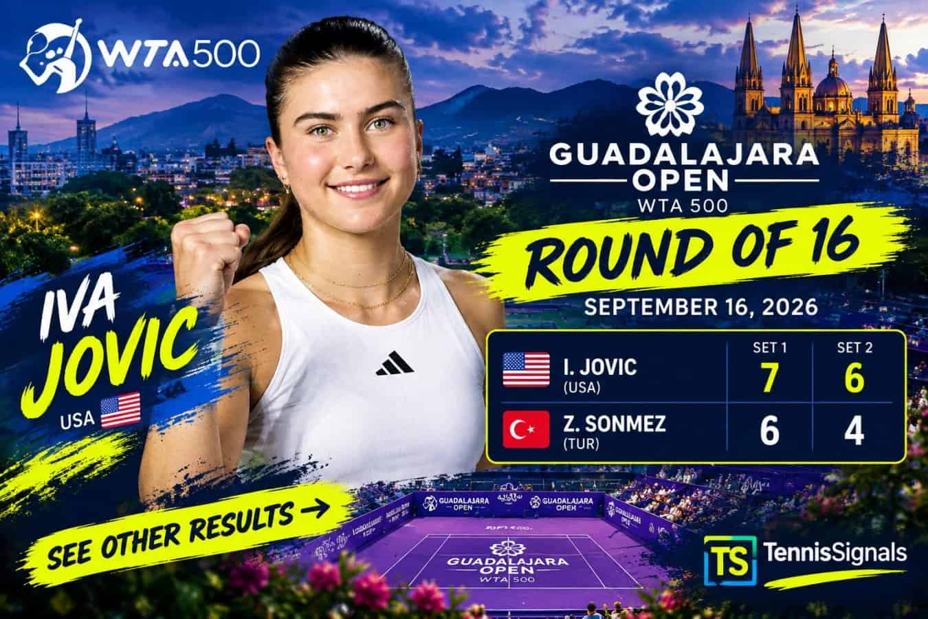 Iva Jovic c&eacute;l&egrave;bre sa victoire en 8es de finale contre Zeynep Sonmez au WTA 500 Guadalajara Open 2026