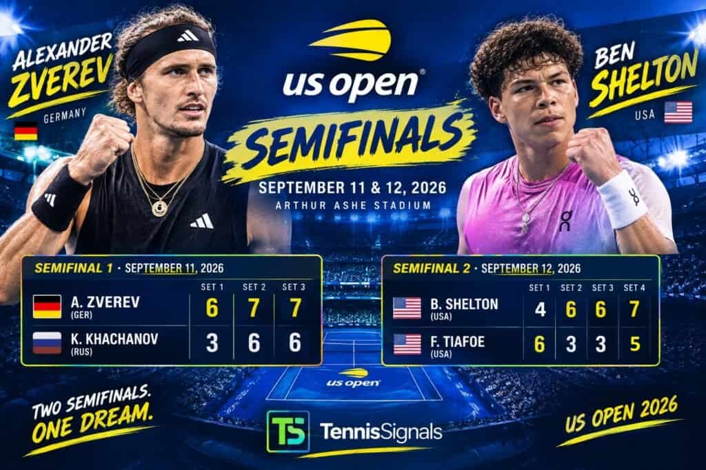 Estad&iacute;sticas de los partidos de Alexander Zverev y Ben Shelton tras sus respectivas victorias en las semifinales del US Open 2026.