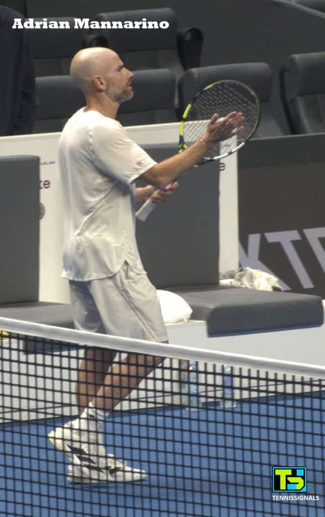Adrian Mannarino on court after his victory over Andrey Rublev in the second round of the Almaty tournament.