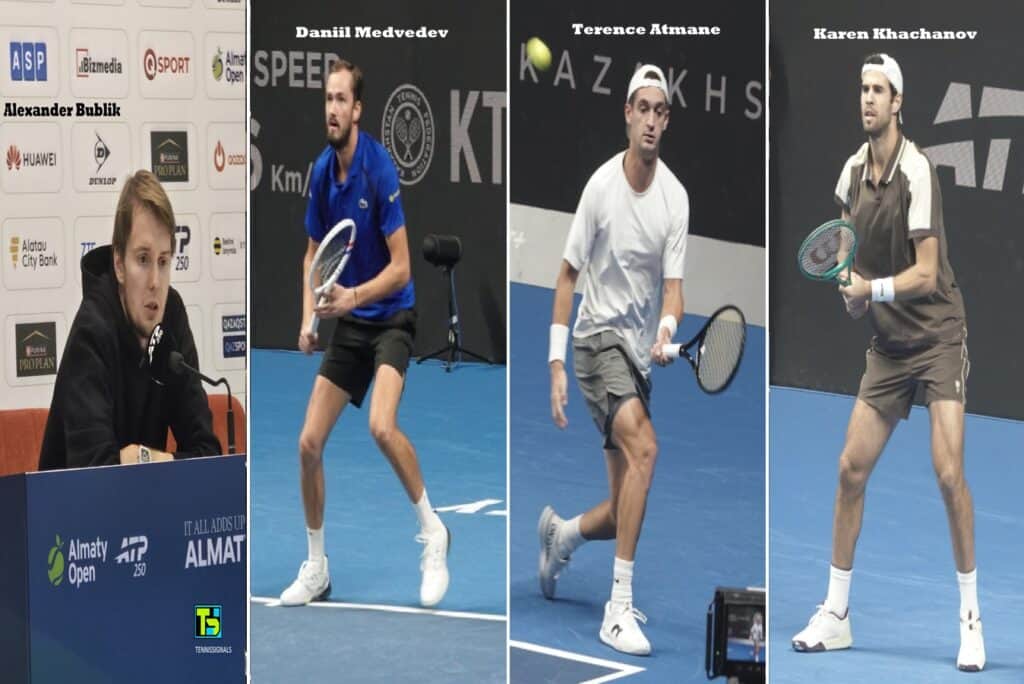 Collage photo du tournoi ATP d'Almaty montrant Alexander Bublik en conf&eacute;rence de presse, ainsi que Daniil Medvedev, Terence Atmane et Karen Khachanov en action sur le court.