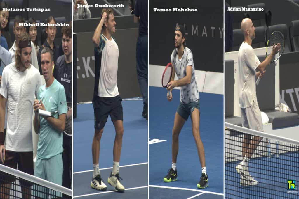 Photo collage from the ATP Almaty tournament featuring Stefanos Tsitsipas and Mikhail Kukushkin at the net, along with James Duckworth, Tomas Machac, and Adrian Mannarino in action on the court.