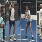 Photo collage from the ATP Almaty tournament featuring Stefanos Tsitsipas and Mikhail Kukushkin at the net, along with James Duckworth, Tomas Machac, and Adrian Mannarino in action on the court.