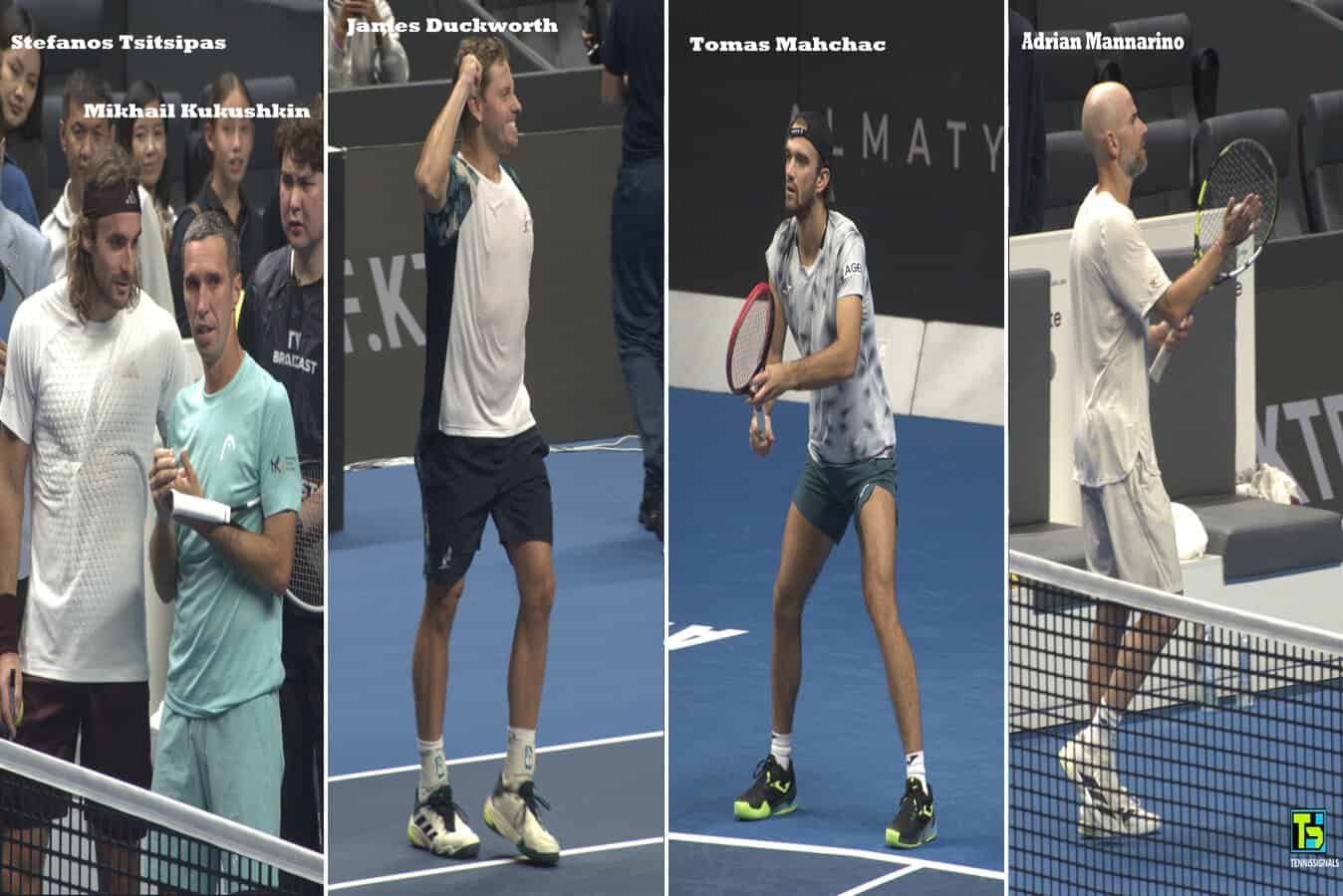 Photo collage from the ATP Almaty tournament featuring Stefanos Tsitsipas and Mikhail Kukushkin at the net, along with James Duckworth, Tomas Machac, and Adrian Mannarino in action on the court.