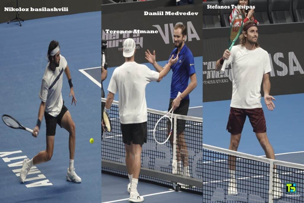 Collage photo du tournoi ATP d'Almaty montrant Nikoloz Basilashvili en action, Daniil Medvedev et Terence Atmane se serrant la main au filet, et Stefanos Tsitsipas c&eacute;l&eacute;brant sa victoire.