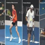 Collage of four tennis players who secured victories in the first round of the Almaty tournament: Karen Khachanov, Fabian Marozsan, Terence Atmane, and Stefanos Tsitsipas.