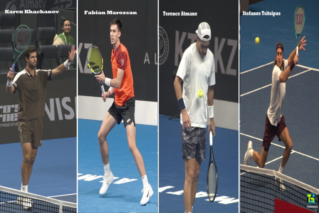Collage de quatre joueurs de tennis qui ont remport&eacute; des victoires au premier tour du tournoi d'Almaty : Karen Khachanov, Fabian Marozsan, Terence Atmane et Stefanos Tsitsipas.