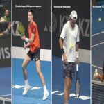 Collage de quatre joueurs de tennis qui ont remporté des victoires au premier tour du tournoi d'Almaty : Karen Khachanov, Fabian Marozsan, Terence Atmane et Stefanos Tsitsipas.