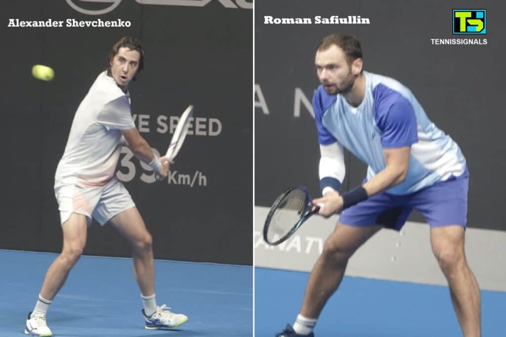 Tennis players Alexander Shevchenko and Roman Safiullin in action during the qualifying semifinals at the ATP Almaty Open.