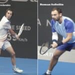 Tennis players Alexander Shevchenko and Roman Safiullin in action during the qualifying semifinals at the ATP Almaty Open.