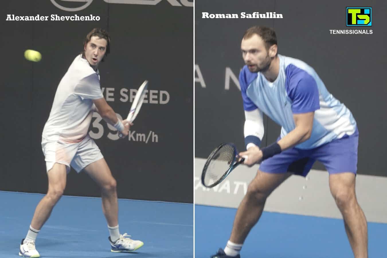 Tennis players Alexander Shevchenko and Roman Safiullin in action during the qualifying semifinals at the ATP Almaty Open.