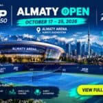 Cartel promocional del torneo de tenis ATP 250 Almaty Open 2026 con el Almaty Arena.