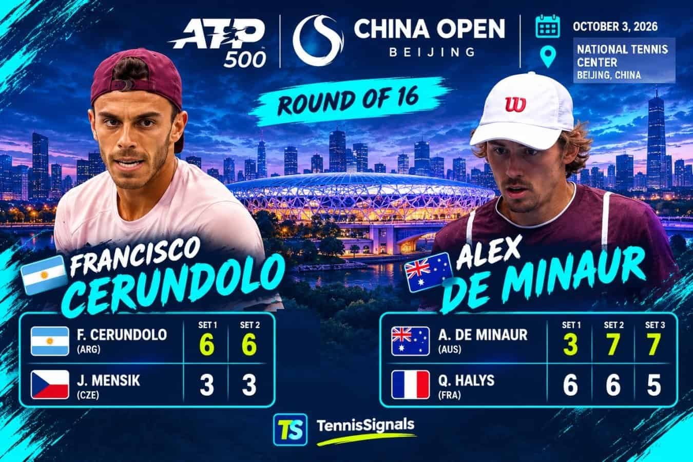 Graphique montrant les victoires de Francisco Cerundolo et Alex De Minaur en huitièmes de finale du tournoi ATP 500 China Open 2026 à Pékin.