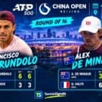 Grafika koja prikazuje pobede Fransiska Serundola i Aleksa de Minora u osmini finala ATP 500 turnira u Pekingu 2026. godine.
