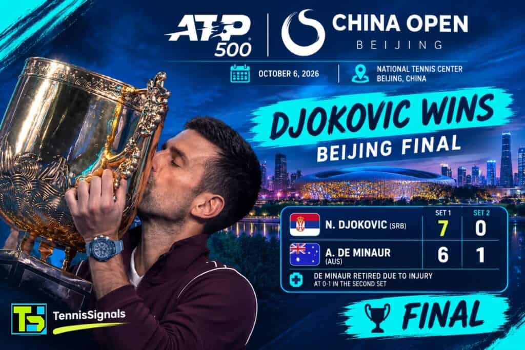 Grafika koja prikazuje pobedu Novaka Đokovića u finalu ATP 500 turnira u Pekingu 2026. nad Aleksom de Minorom, koji je predao meč zbog povrede.