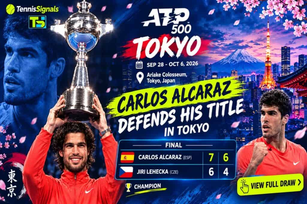 Gráfico promocional que celebra la defensa del título de Carlos Alcaraz en el ATP Japan Open 2026 en Tokio frente a Jiri Lehecka.