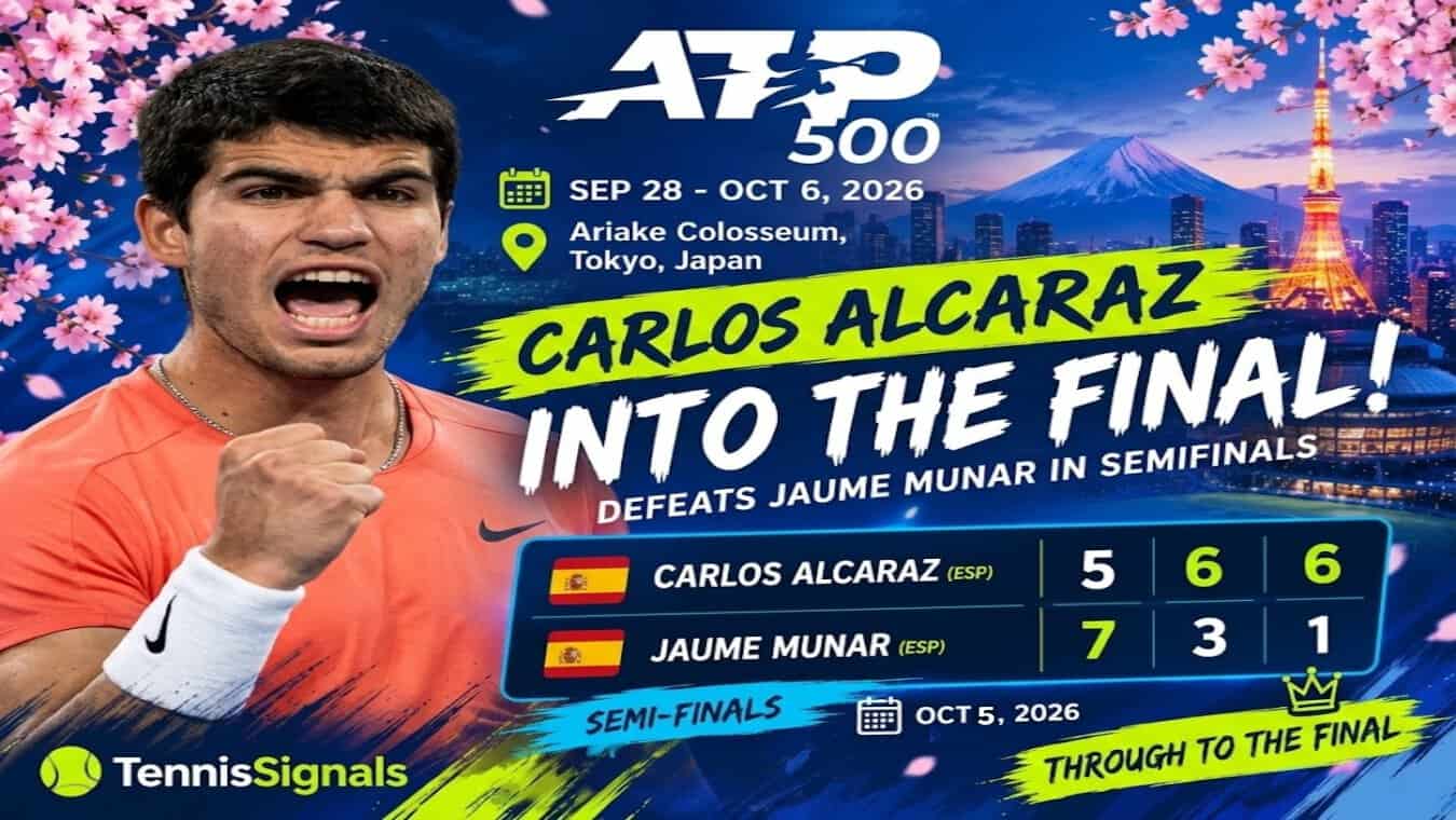 Promotional graphic showing Carlos Alcaraz advancing to the final of the 2026 ATP Japan Open after defeating Jaume Munar.