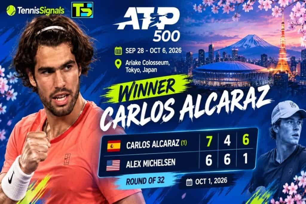 Promotional graphic showing Carlos Alcaraz defeating Alex Michelsen 7-6, 4-6, 6-1 in the round of 32 at the 2026 ATP Japan Open.