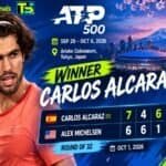Promotional graphic showing Carlos Alcaraz defeating Alex Michelsen 7-6, 4-6, 6-1 in the round of 32 at the 2026 ATP Japan Open.