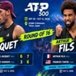 Graphique promotionnel avec les joueurs de tennis français Kyrian Jacquet et Arthur Fils célébrant leurs victoires en huitièmes de finale à l'ATP Japan Open 2026 à Tokyo