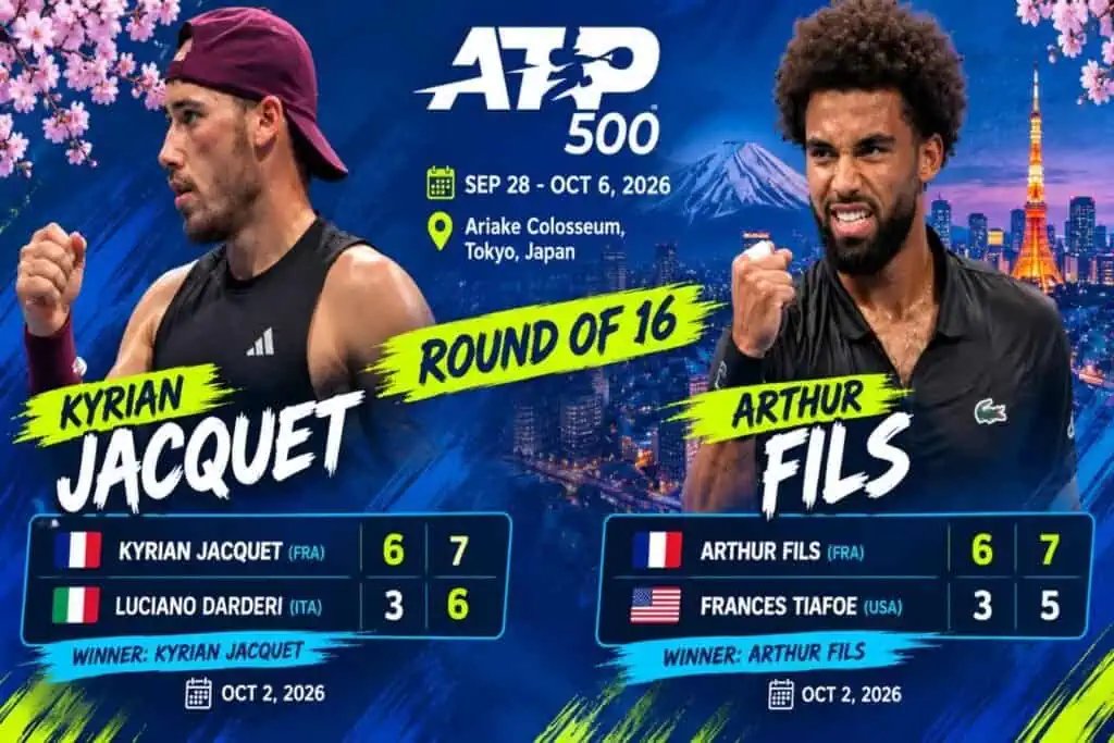 Gr&aacute;fico promocional con los tenistas franceses Kyrian Jacquet y Arthur Fils celebrando sus victorias en los octavos de final del ATP Japan Open 2026 en Tokio.