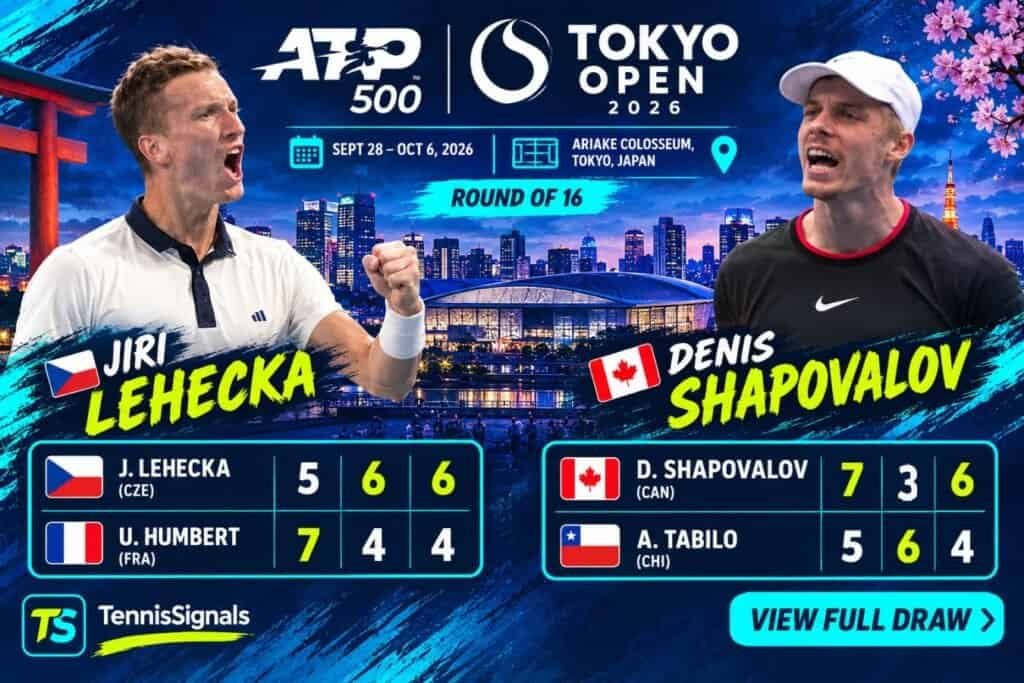 Gr&aacute;fico promocional con Jiri Lehecka y Denis Shapovalov celebrando sus victorias en los octavos de final del ATP Japan Open 2026 en Tokio.