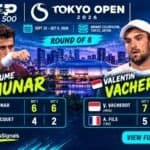 Gráfico promocional con Jaume Munar y Valentin Vacherot celebrando sus victorias en los cuartos de final del ATP Japan Open 2026.