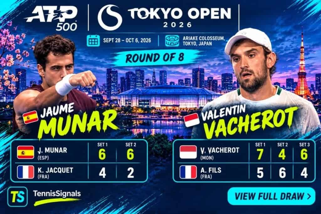 Promotivna grafika sa Đaumeom Munarom i Valentinom Vašeroom koji proslavljaju pobede u četvrtfinalu na turniru ATP Japan Open 2026