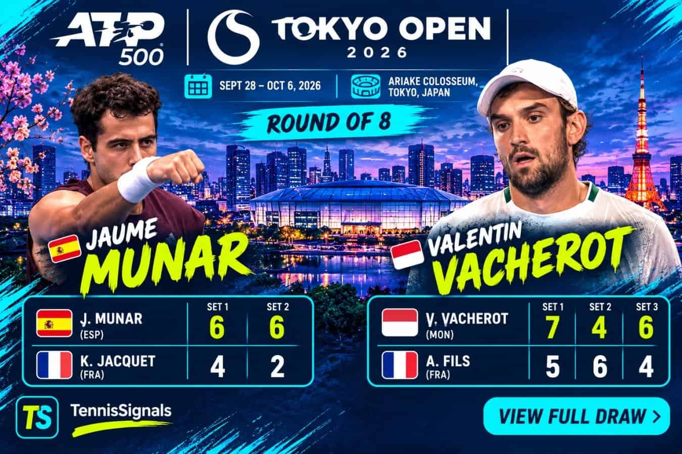 Promotional graphic featuring Jaume Munar and Valentin Vacherot celebrating their quarterfinal victories at the 2026 ATP Japan Open.
