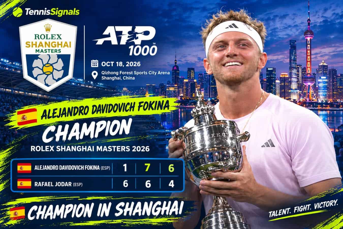 Graphique officiel montrant Alejandro Davidovich Fokina avec le troph&eacute;e, champion du Rolex Shanghai Masters 2026, apr&egrave;s sa victoire contre Rafael Jodar (1-6, 7-6, 6-4).