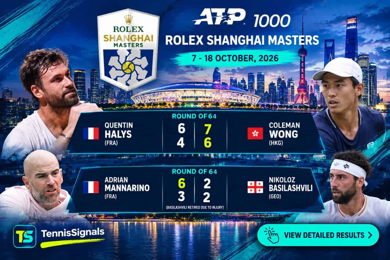 Official Rolex Shanghai Masters 2026 first round match results graphic featuring Quentin Halys vs Coleman Wong and Adrian Mannarino vs Nikoloz Basilashvili.