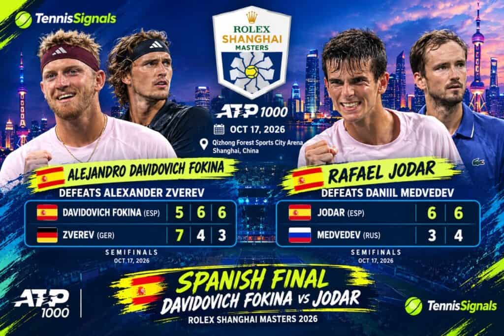 Gr&aacute;fico oficial que muestra las victorias en semifinales de Alejandro Davidovich Fokina y Rafael J&oacute;dar en el Masters de Shangh&aacute;i 2026.