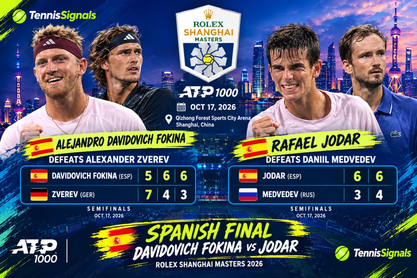 Official graphic showing the semifinal victories of Alejandro Davidovich Fokina and Rafael Jodar at the 2026 Rolex Shanghai Masters.