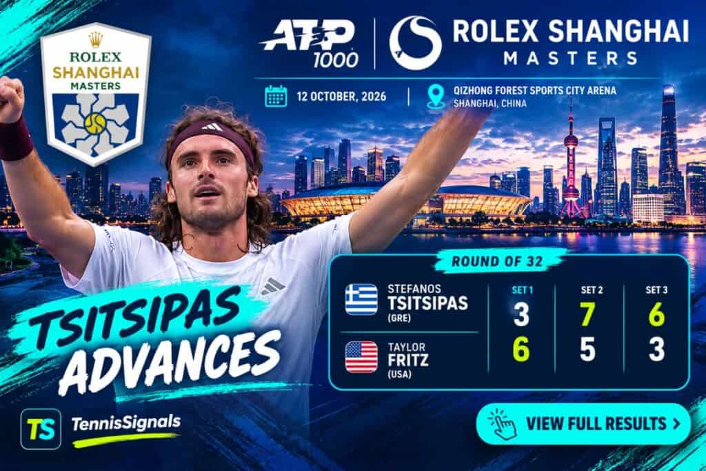 Gr&aacute;fico oficial de la espectacular victoria de Stefanos Tsitsipas sobre Taylor Fritz (3-6, 7-5, 6-3) en la tercera ronda del Masters de Shangh&aacute;i 2026.
