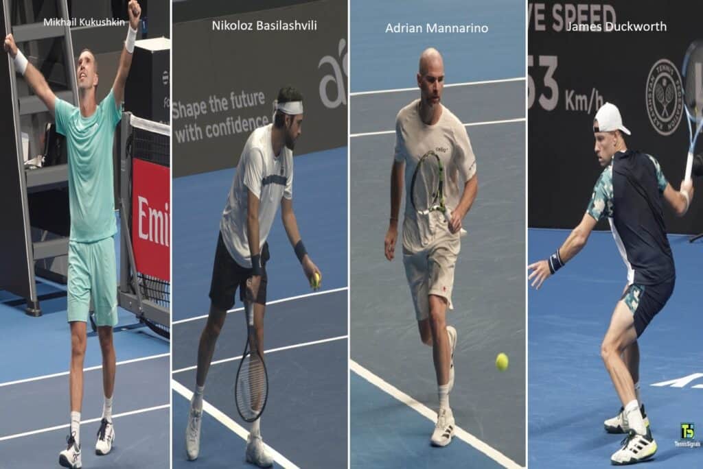 Collage de quatre joueurs de tennis qui ont gagn&eacute; sur le court central : Mikhail Kukushkin, Nikoloz Basilashvili, Adrian Mannarino et James Duckworth.